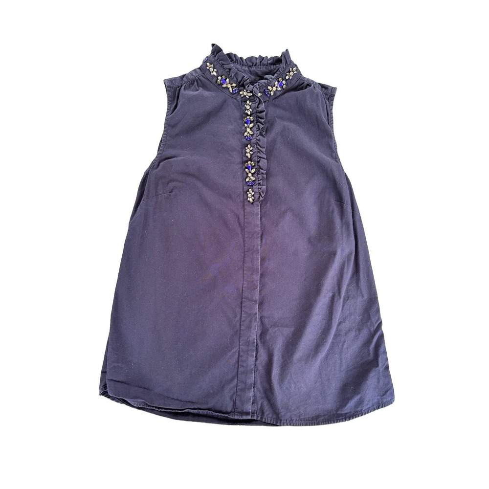 J. Crew Ruffled Rhinestone Top Blouse Size 2 Beaded 100% Cotton Navy Blue